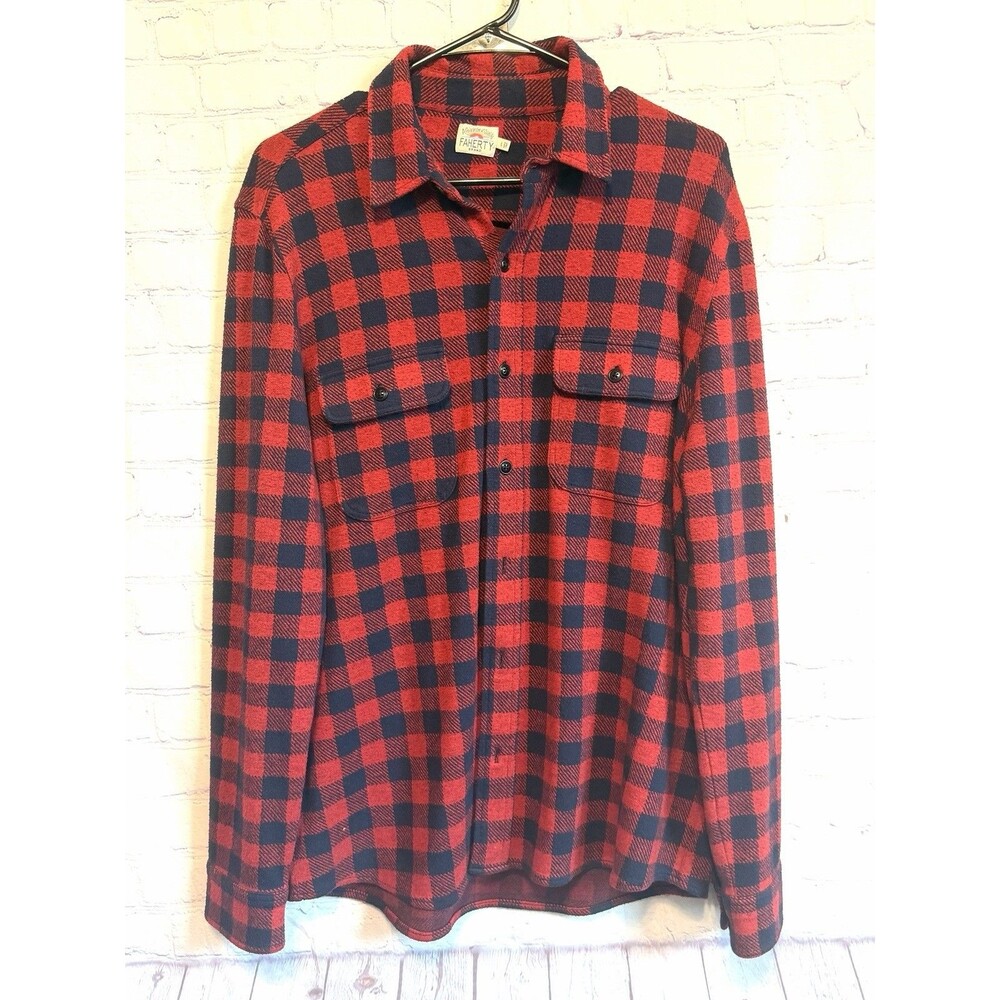 Faherty Brand Legend Sweater Shirt Mens Large Red Navy Buffalo Plaid Button Up